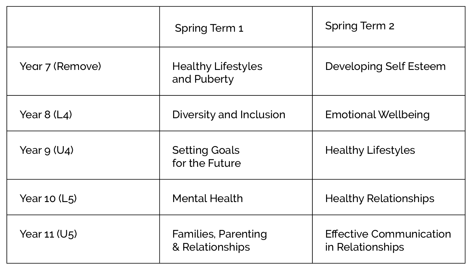 Spring Term PSHE Curriculum